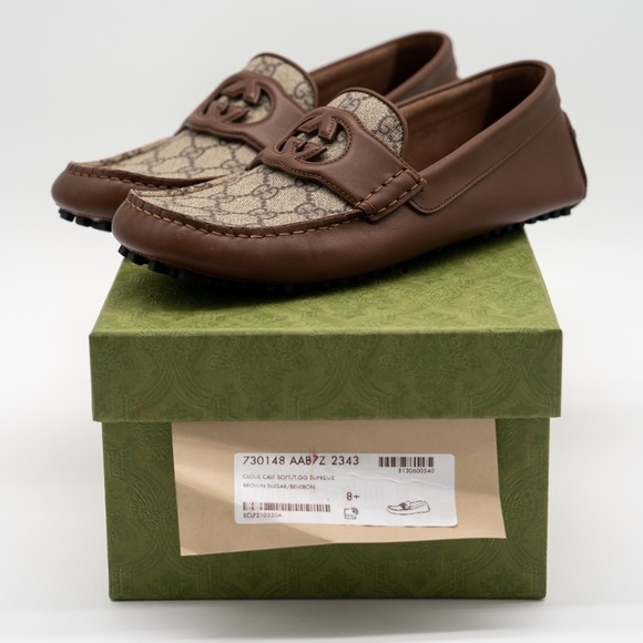 8.5G 9 US Gucci Interlocking G Leather Moccasin Driver Brown Loafers Leather - Picture 11 of 12
